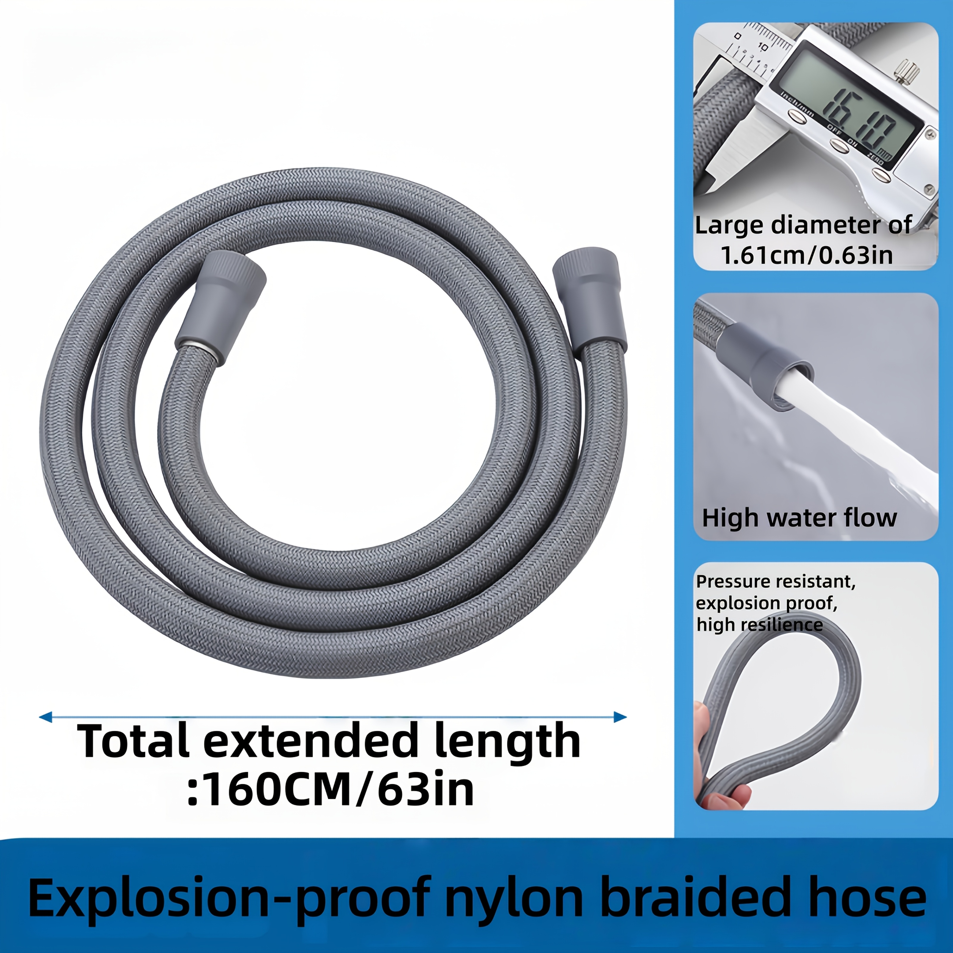 Nylon gevlochten doucheslang 160 cm/62 inch, extra lange flexibele slang met ABS-connectoren, lekvrij, hoge druk, anti-burst voor warm water