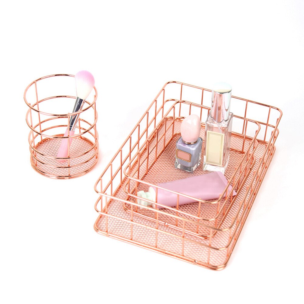 Rose Gold Metal Pen Holder Desk Organizer Pencil Holder Container Home School Storage Basket Office Accessories Mesh Pencil Pot