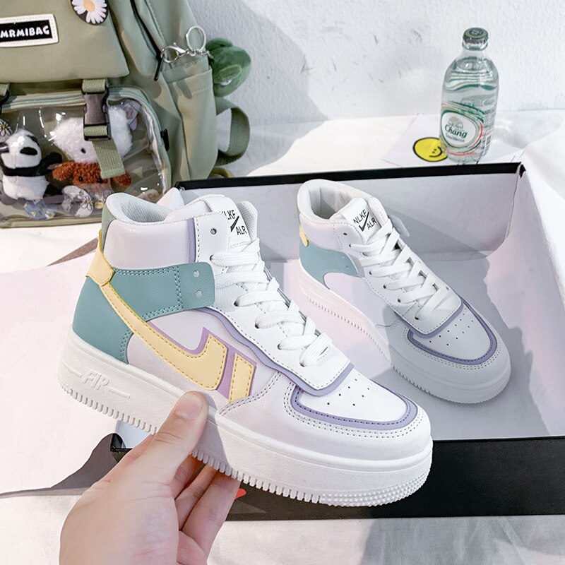 Women Platform Sneakers Korean PU Leather Trainers Womens Chunky Sneakers Tenis Female Spring Lace Up Casual Shoes