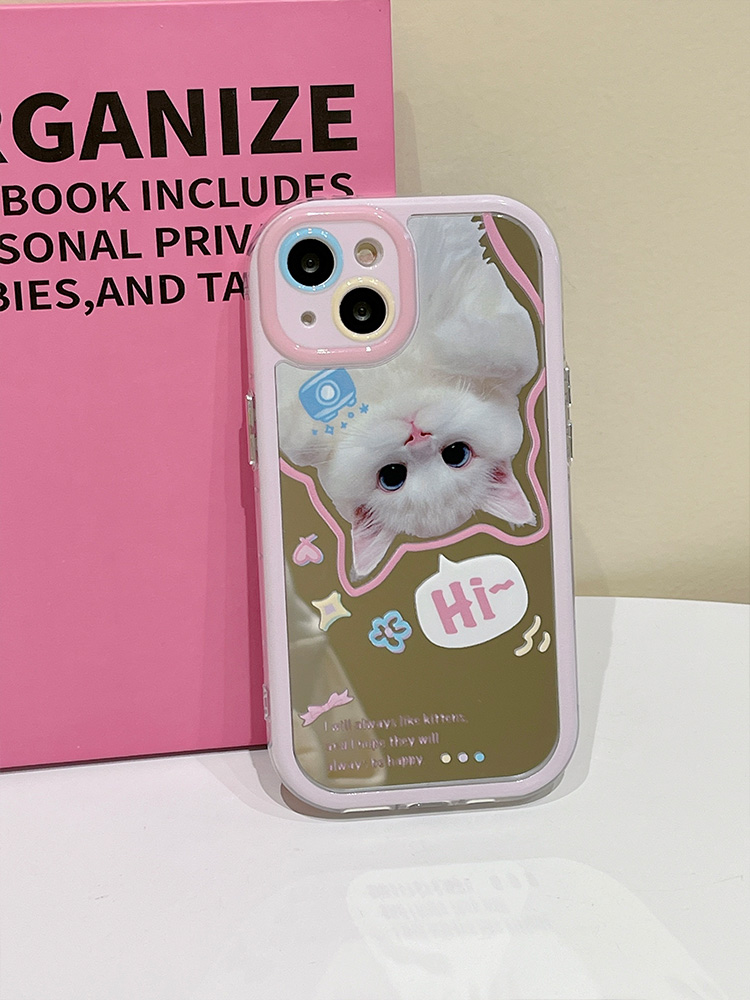 Preciosa funda con espejo de maquillaje de gato blanco para iPhone 14 Pro Max 16 15 13 11 12 parachoques de silicona bonita contraportada Capa