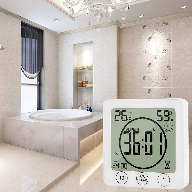 LCD Bathroom Wall Clock Temperature Humidity Countdown Waterproof Shower Timer Q9QF