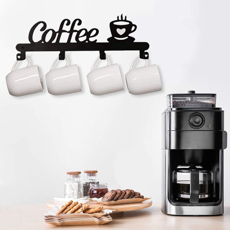 Soporte para tazas de café montado en la pared (4 ganchos), letrero de decoración para cocina o barra de café, colgadores de tazas de café, exhibición y organizador