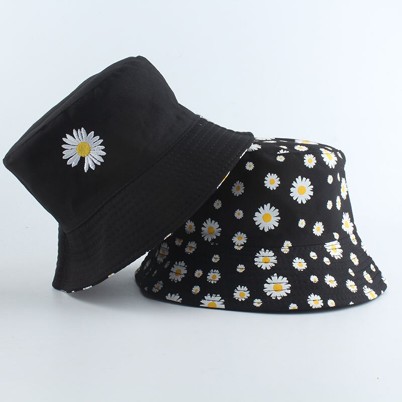 Zomer Bloem Emmer Hoeden Vrouwen Mode Katoen Strand Zon Hoeden Omkeerbaar Bob Chapeau Femme Bloemen Panama Hoed Visser Hoed: black MJ