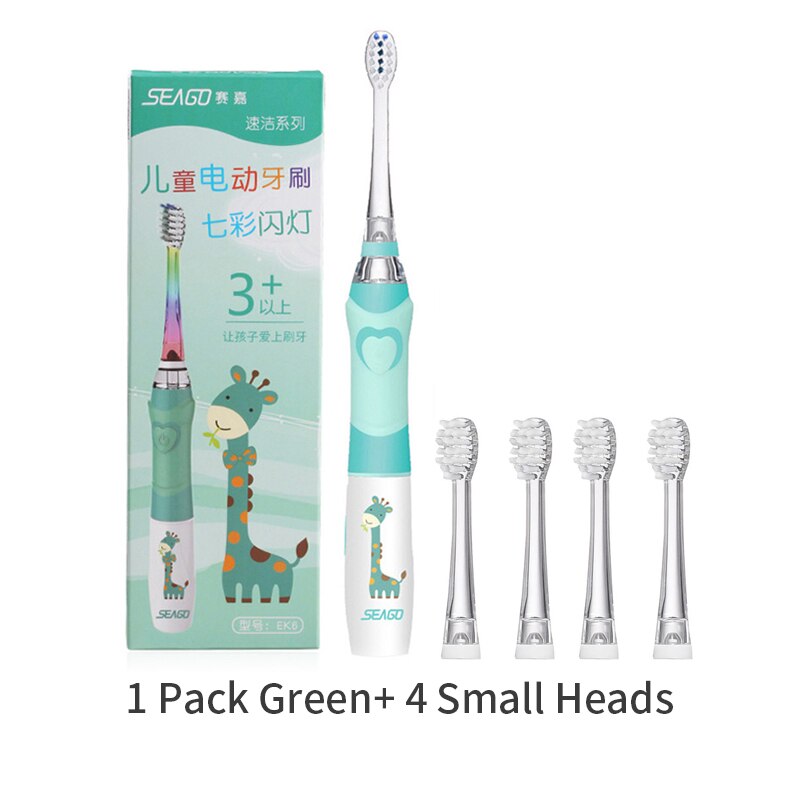 Seago-cepillo de dientes eléctrico para niños, linterna LED de colores, 16000 golpes, resistente al agua, alimentado por batería: Green 4smallheads