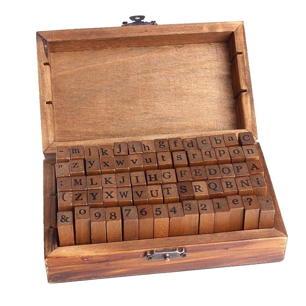 Caja de madera con letras del alfabeto multiusos, juego de sellos de goma, , 70 Uds.: Default Title