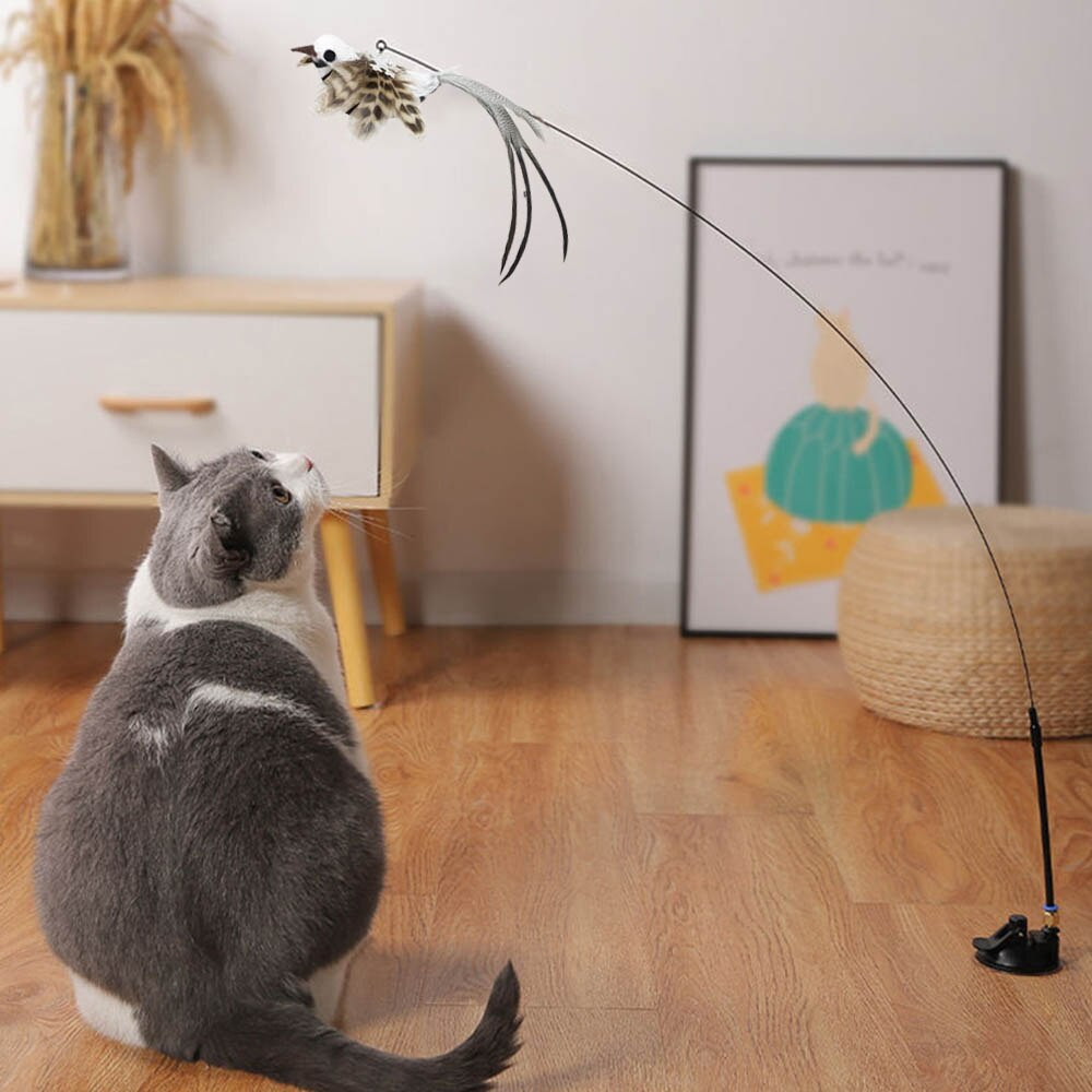 Simulatie Vogel Kat Speelgoed Interactieve Grappige Veer Vogel Met Bell Sucker Kat Stok Speelgoed Katje Spelen Teaser Wand Speelgoed Voor katten