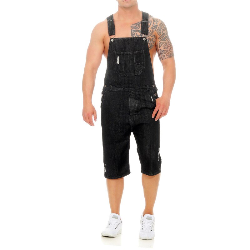 Ripped High Waisted Denim Overall Shorts for Men Distressed Bib Overall Jean Shorts Suspender Pants Plus Size: Version 1 / L