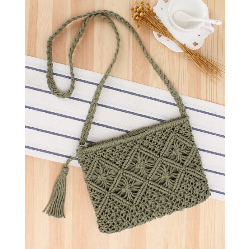 Bohemian Stijl Geweven Stro Tote Tas Voor Vrouwen Mode Eenvoudige Kwastje Casual Tote Tas Vintage Dames Meisje Strandtas: ARMY GREEN