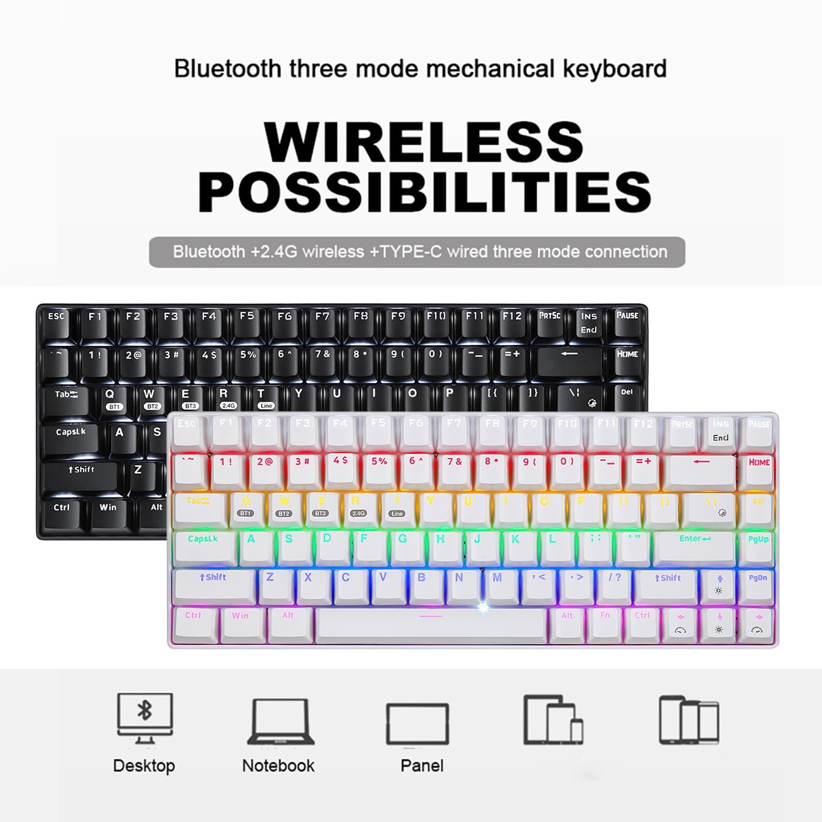 XM-RF84 Mechanical Keyboard 84-Key Bluetooth 5.0 And USB C Multi Device 3 Mode RGB Backlight 3000mAh Wireless And Wired Keyboard