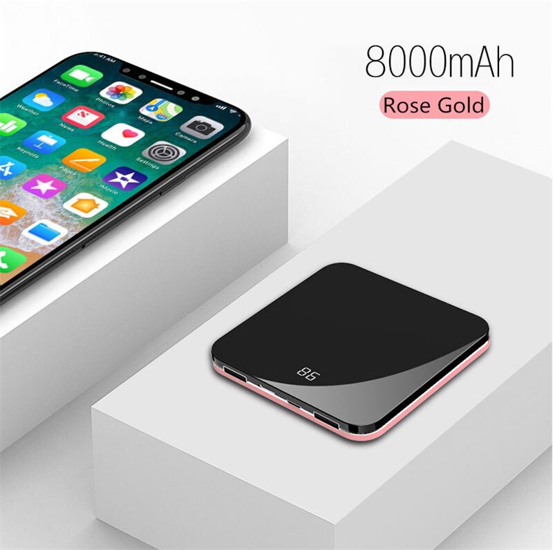 8000mAh Mini Power Bank 2.0A Quick Charge Power bank Dual-USB Portable Mirror Aluminium Fast Charging Mini External Battery: Rose Gold D76