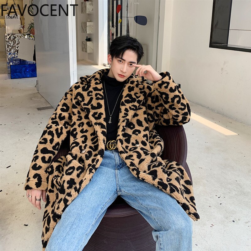 Leopard Lamb Lamb Coat Male Silhouette Long Warm Warm Windbreaker Jacket Youth Hip Hop Clothing Costume Mens Coat