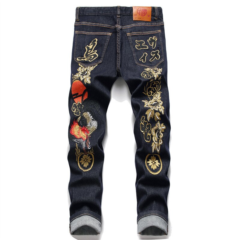 Pantalones vaqueros elásticos con bordado para hombre, vaqueros con bordado de letras y flores, color negro y azul