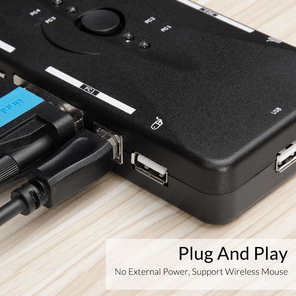 Unnlink 4X1 VGA KVM Switch USB Hub Box Selector Adapter USB 2.0 KVM 4 In 1 Out VGA Print Auto Switch Box for 4 Computer Laptops