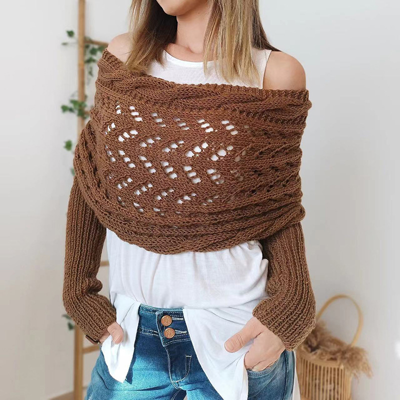 trenzado, envoltura de manga con mangas, Color sólido, patrón de ganchillo con giro hueco, chal para mujer, bufanda, suéter de estilo bohemio: CAMEL