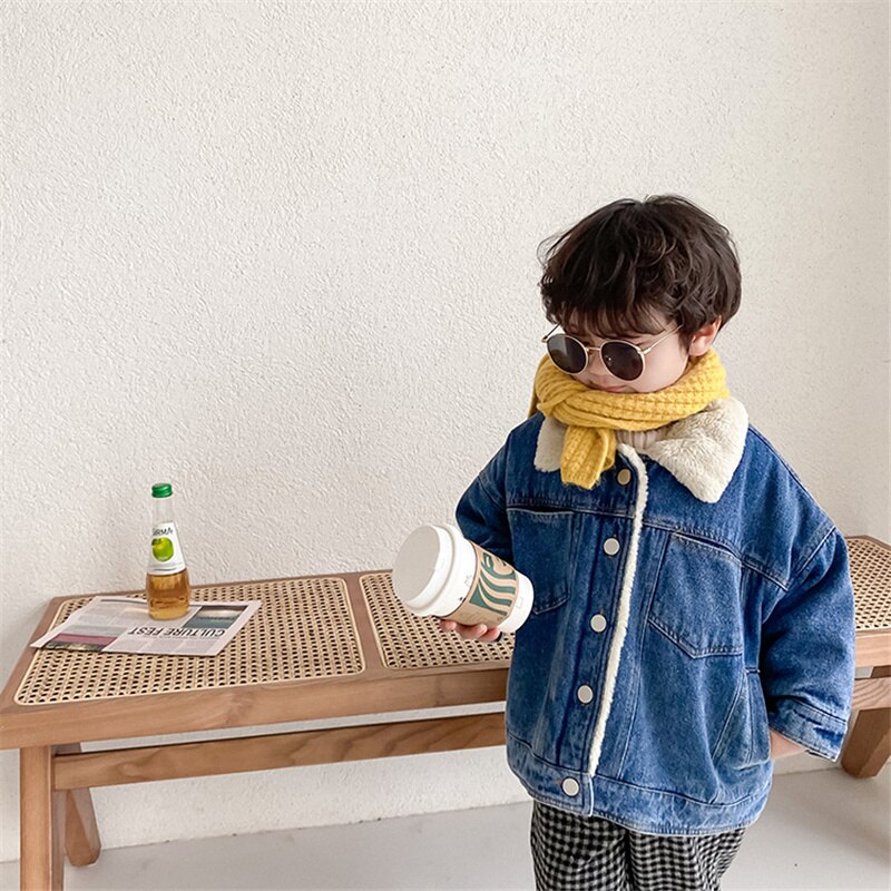 Winter Toddler Kids Warm Thick Denim Jackets Korean style Boys Girls Thick Fur Coats Coats