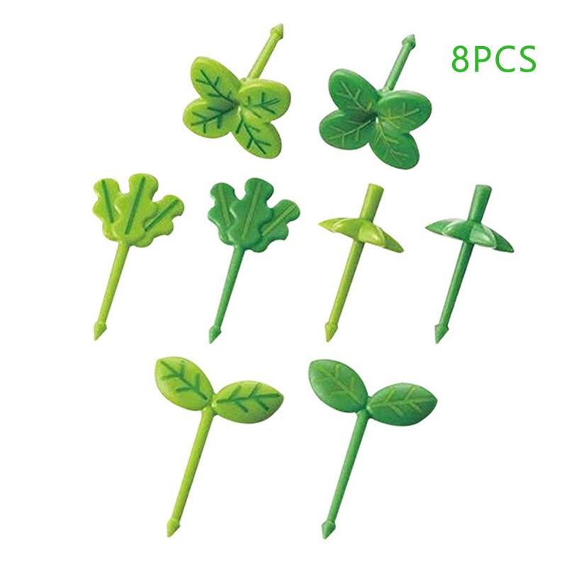 8PCS Fruit Fork Plastic Fruit Pick Children Toothpick Food Prod Leaves Kids Snack Cake Dessert Food Fork Lunch Box Accessories