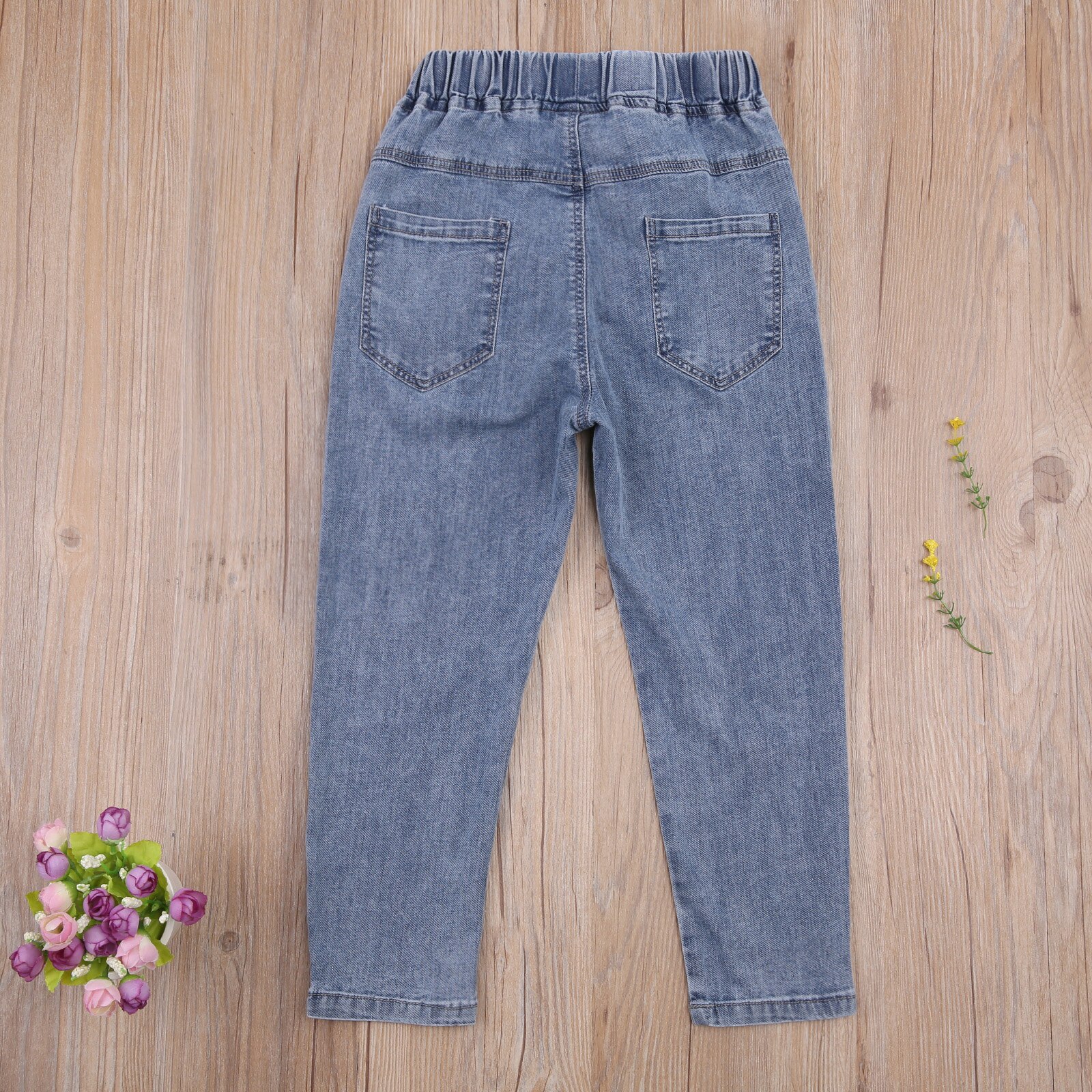 Collectie Baby Meisje Elastische Denim Broek Kleurrijke Knop Decoratie Lange Broek Casual Losse Pocket Kleding
