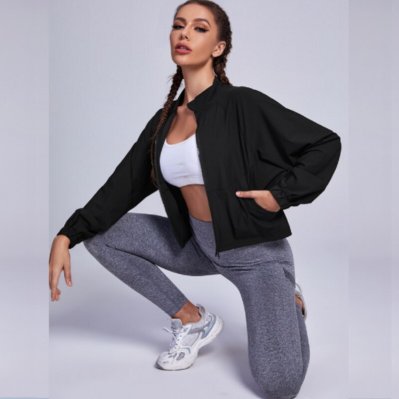 Damen-sport-fitness-tops, yoga-kleidung, jacke, stehkragen, reißverschluss-cardigan, locker, dünn, laufbekleidung, lange ärmel, damen-fitnessstudio-training