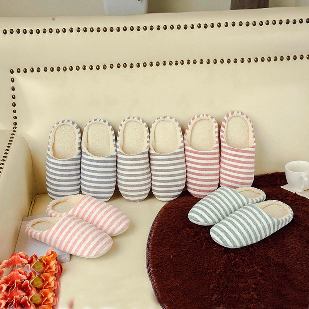Women Men Winter HomeStriped Slipper Soft Winter Warm House Slippers Indoor Bedroom Couples Anti-slip Winter Floor Shoes #25
