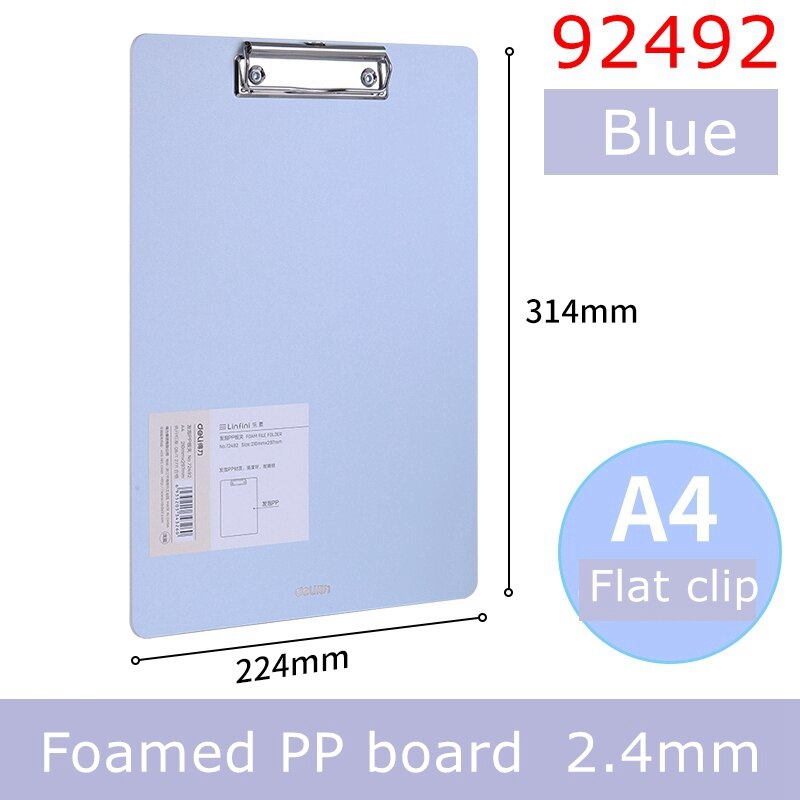 Deli 9226 clip board writing board Paper board Transparent plastic board Foamed PP baord color board: 92492-Blue