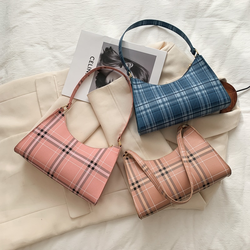 Baguette Shape Women Handbag Female Plaid Striped Shoulder Bag Luxury Underarm Bag Clutch Phone Bags Daily Tote