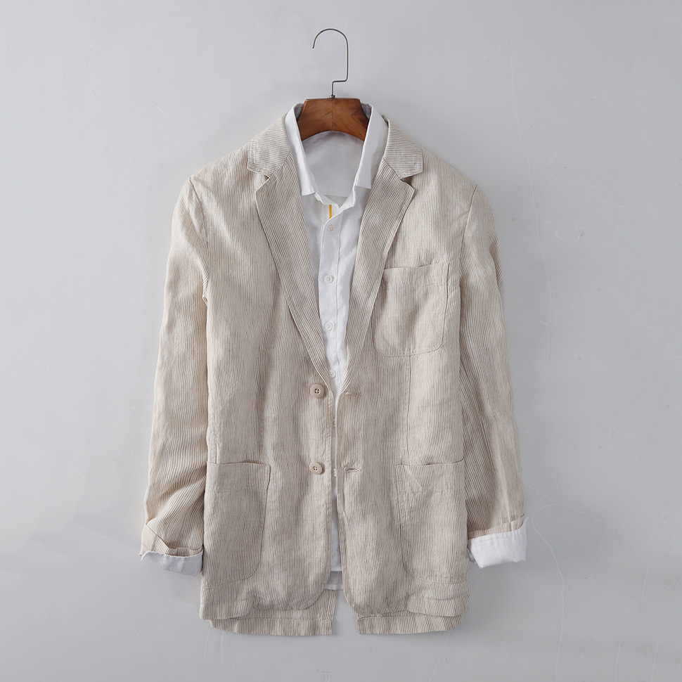 050 Lente Mannen Linnen Blazer Zaken Eenvoudige Streep Lange Mouwen Single-Breasted Comfortabele Ongedwongen Losse Mannelijke Bruiloft Jassen: B050 Beige / Xl