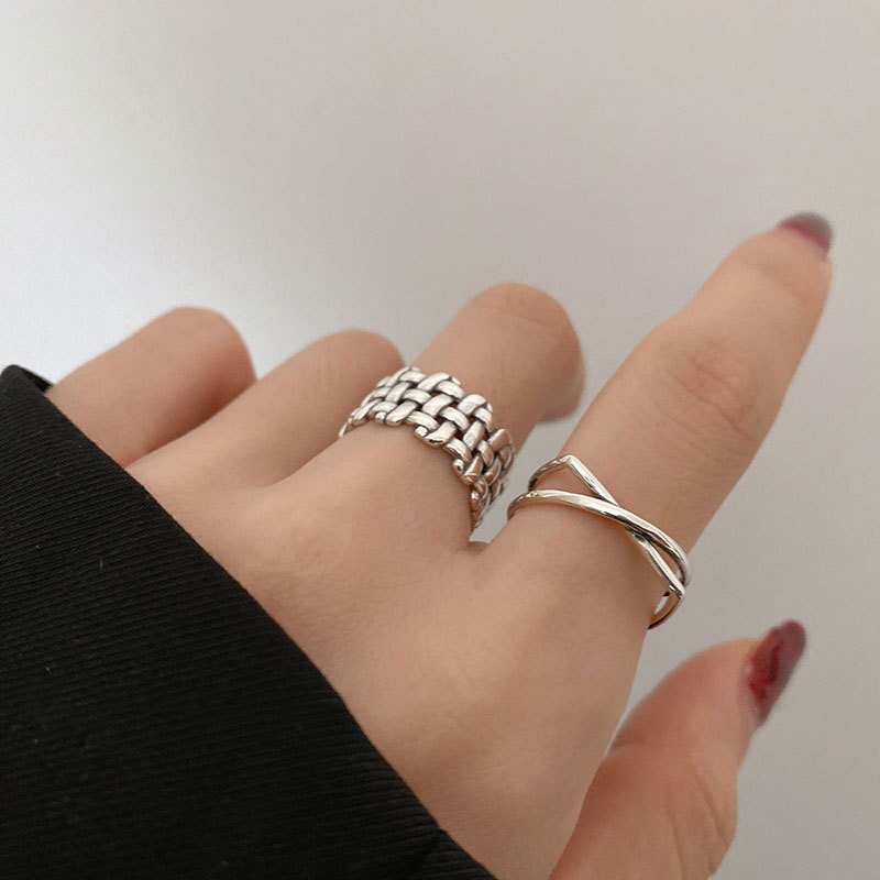 Evimi Vintage Punk 925 Sterling Zilveren Ringen Mode Eenvoudige Weven Cross Geometrische Verjaardagsfeestje Sieraden Voor Vrouwen: Ring Set