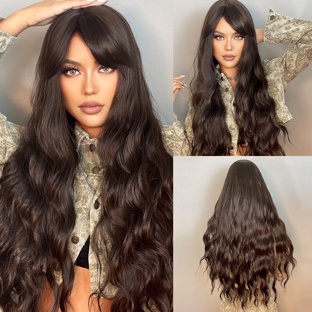 JONRENAU Long Wavy Brown to Light Brown Ombre Synthetic Wigs Partial Fringe Natural for Women Daily Party Wig Heat Resistant: 5123