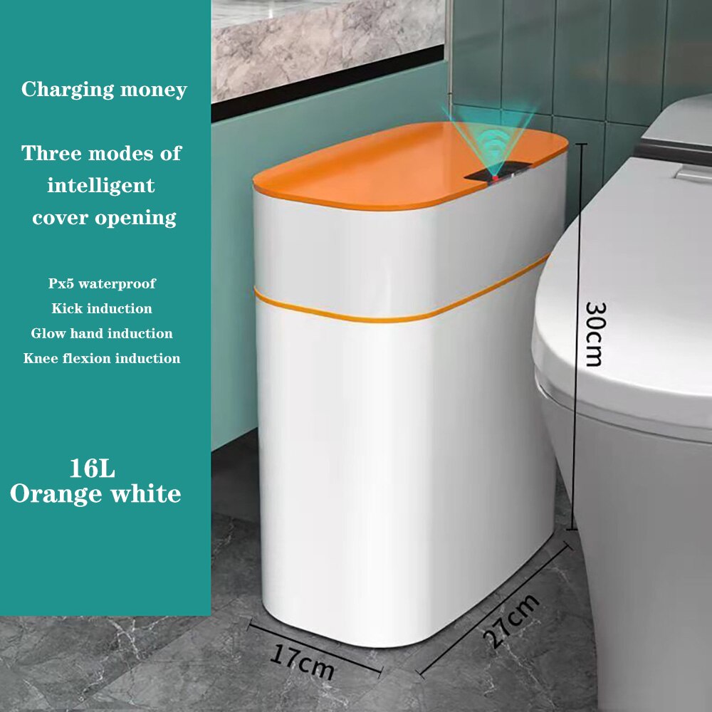 16L Intelligent Trash Can Smart Sensor Dustbin Electric Automatic Rubbish Can USB Waterproof Dustbin Home Induction Garbage Bin: 16L orange