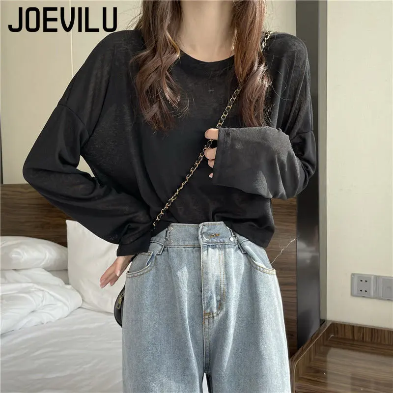 Top corto fino de manga larga para mujer, blusa de seda de hielo con protección solar, Tops blancos sueltos, coreana, camiseta Y2k para exponer el ombligo