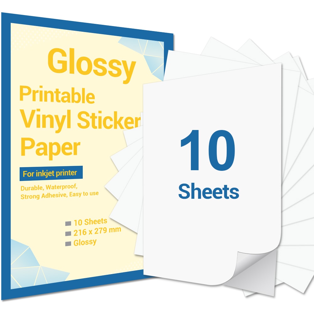 10 Sheets Printable Vinyl Sticker Paper 216x279mm Glossy Self-Adhesive Printer Paper for Inkjet Printer DIY Decals Crafts