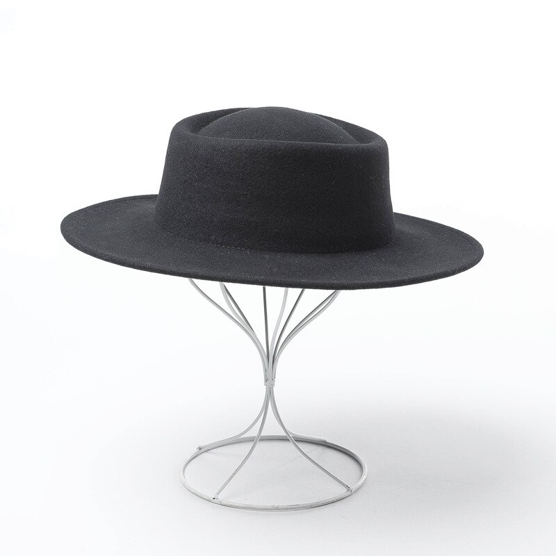 Ring flad top uld filt hat damer konkav form rejse filt hat 8 farve: Sort