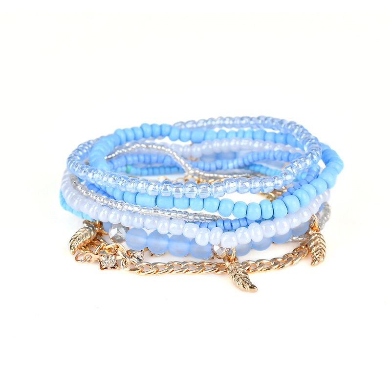 Bohemia smykker af flerlags elastisk vævet sæt perler armbånd & armbånd til kvinder med blad kvast charm wrap wrap armbånd pulsera: Blå