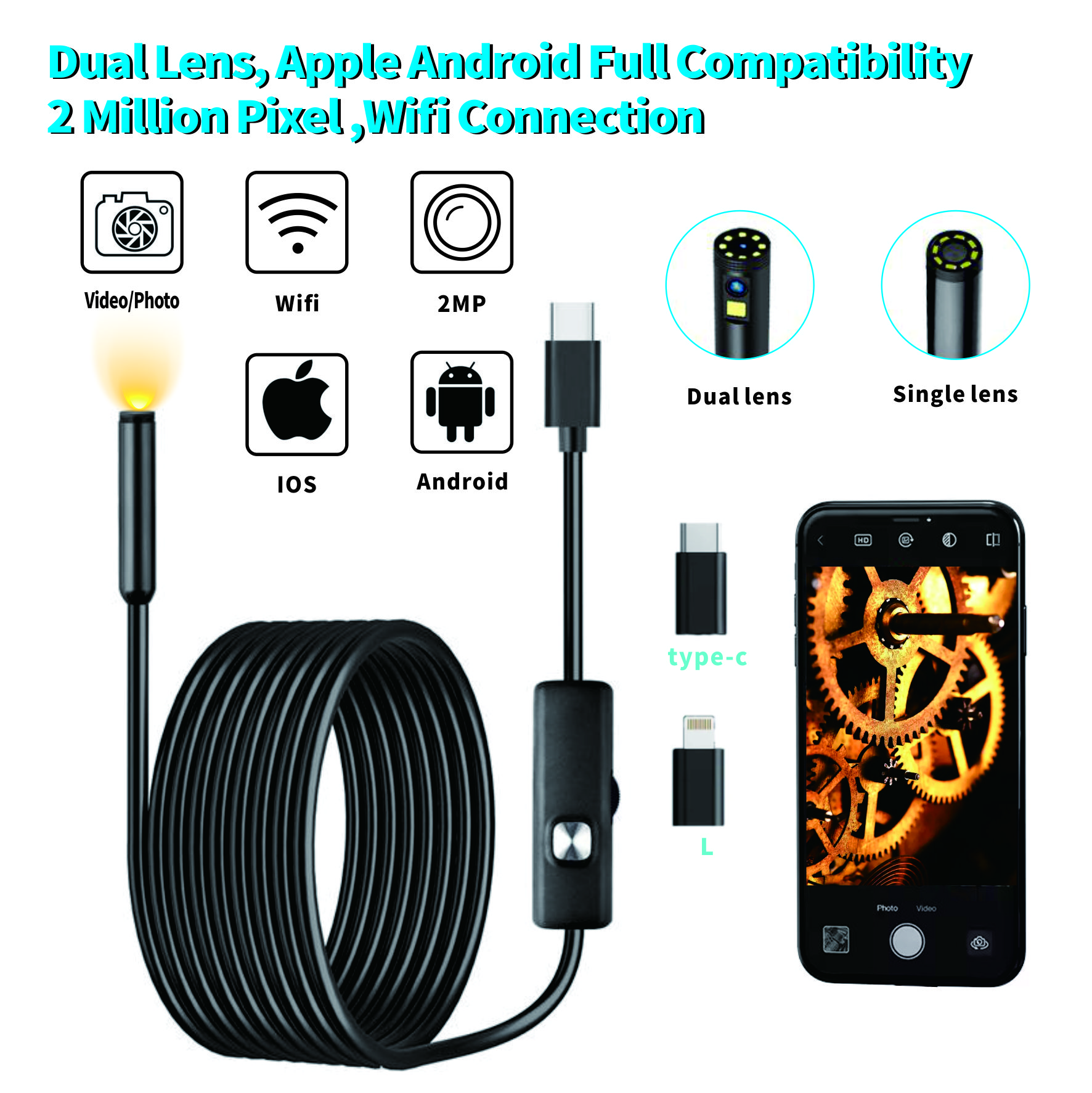 Caméra endoscopique IP68 pour téléphone portable Android, lentille touristique, tuyauterie d'égout, smartphone, iPhone, type C,