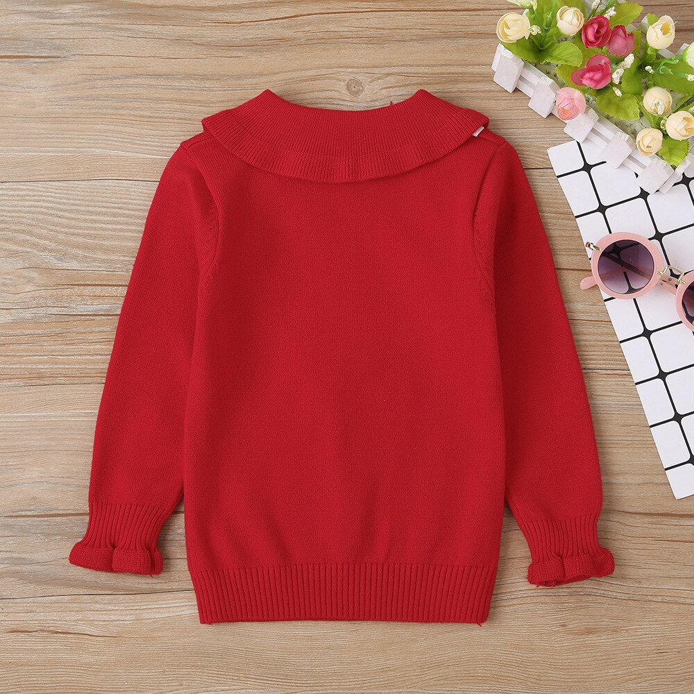 Winter freundlicher lässig Baumwolle Gestrickt Lange Ärmel O Hals Drehen-unten Kragen rot Feste Beiläufige Baby Mädchen T-Shirt 0-2T
