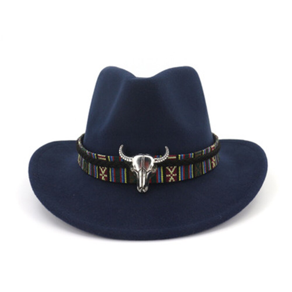Hombres Mujeres Retro fieltro Cap Western Cowboy gorra con visera ancha HSJ88: dark blue
