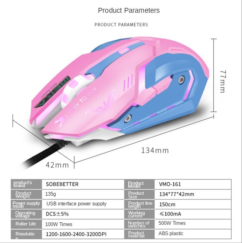 3200Dpi Wire Ergonomische 6 Toetsen Backlit Gaming Mouse Voor Laptop Computer Notebook Pc Gamer Muizen Roze Meisje Vrouw Leuke game Muis