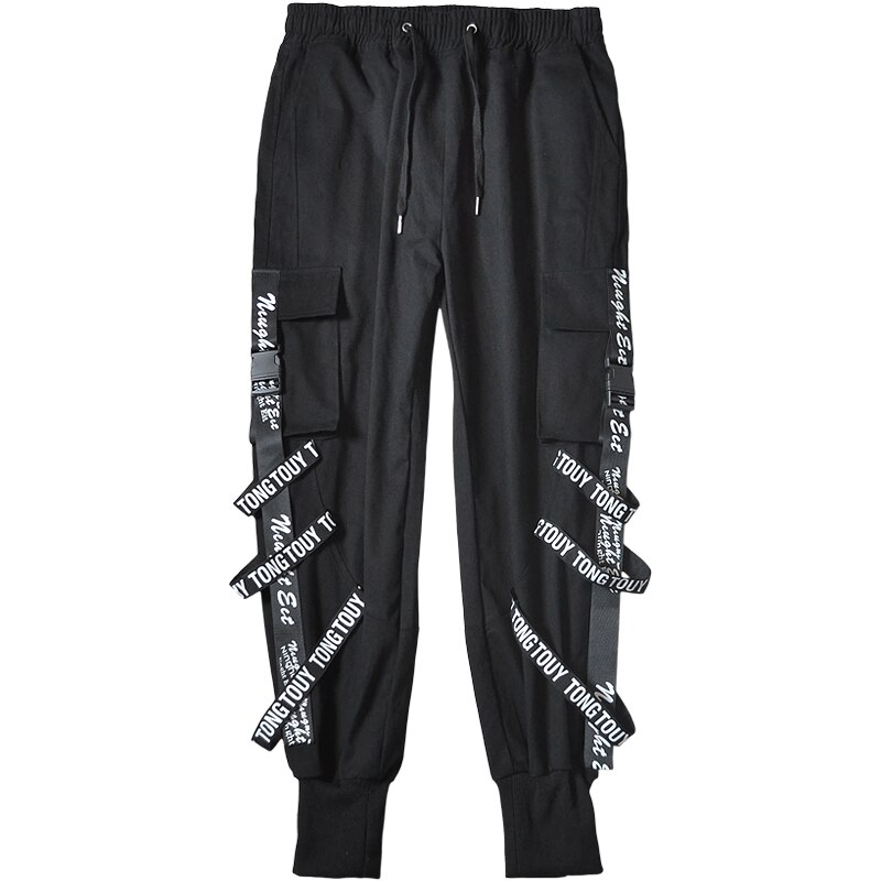 Lappster herr japansk streetwear cargo byxor herr band hip hop overall joggingbyxor man svart mode träningsbyxor: Xxl