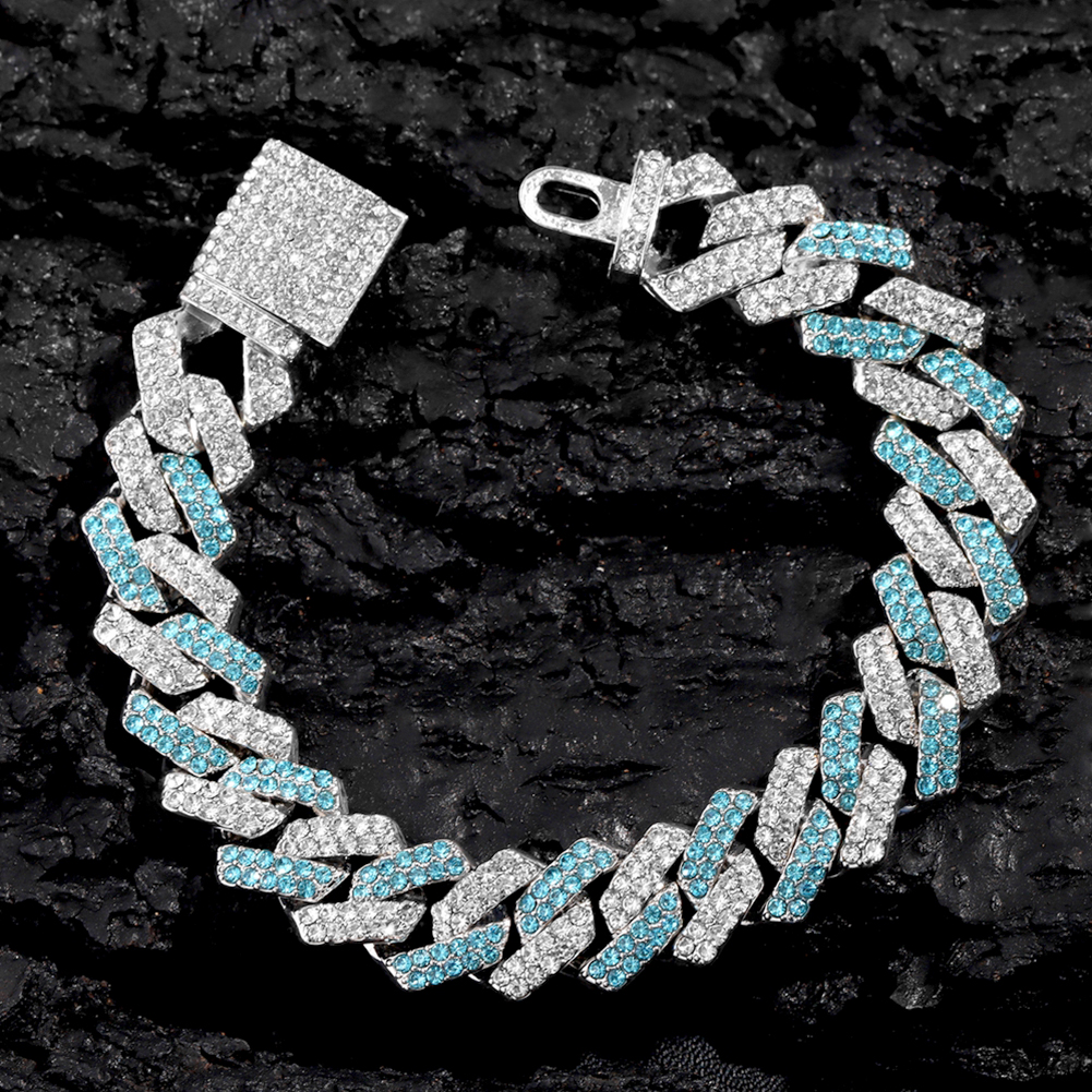 Pulsera de cadena de eslabones cubanos con punta de cristal helado rosa y azul a la para mujer, pulseras cubanas con diamantes de imitación ostentosos, joyería de Hip Hop