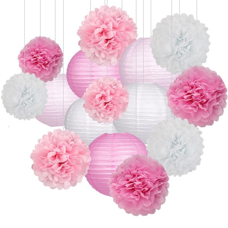 DIY Baby Shower Festival Party Supplies Wedding Birthday Tissue Paper Pom-poms Flower Ball Lanterns Set Decoration: Pink suit