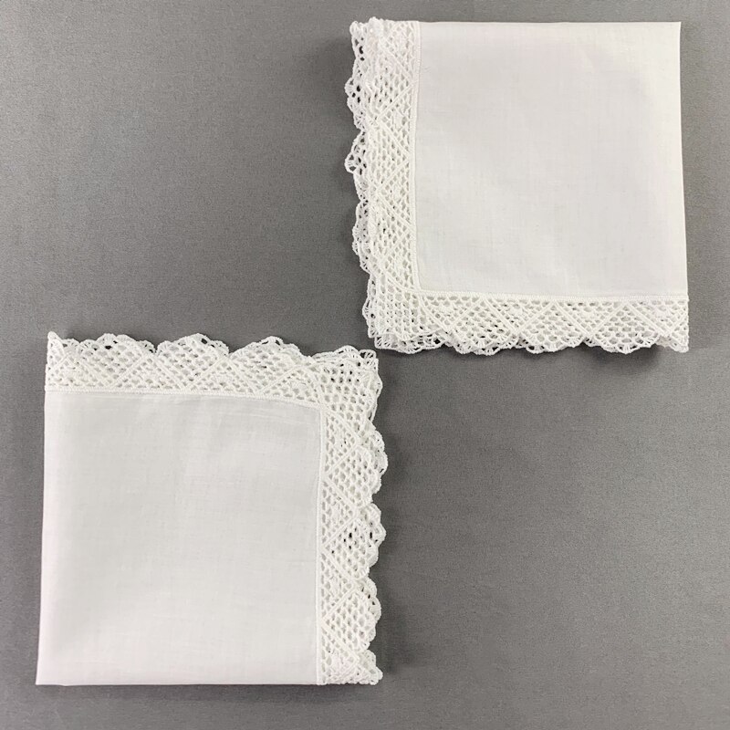 Sæt  of 12 bryllup brude lommetørklæder 12 x 12 "hvid bomuld hæklet blonder hankie damer hanky vintage bryllup lommetørklæde