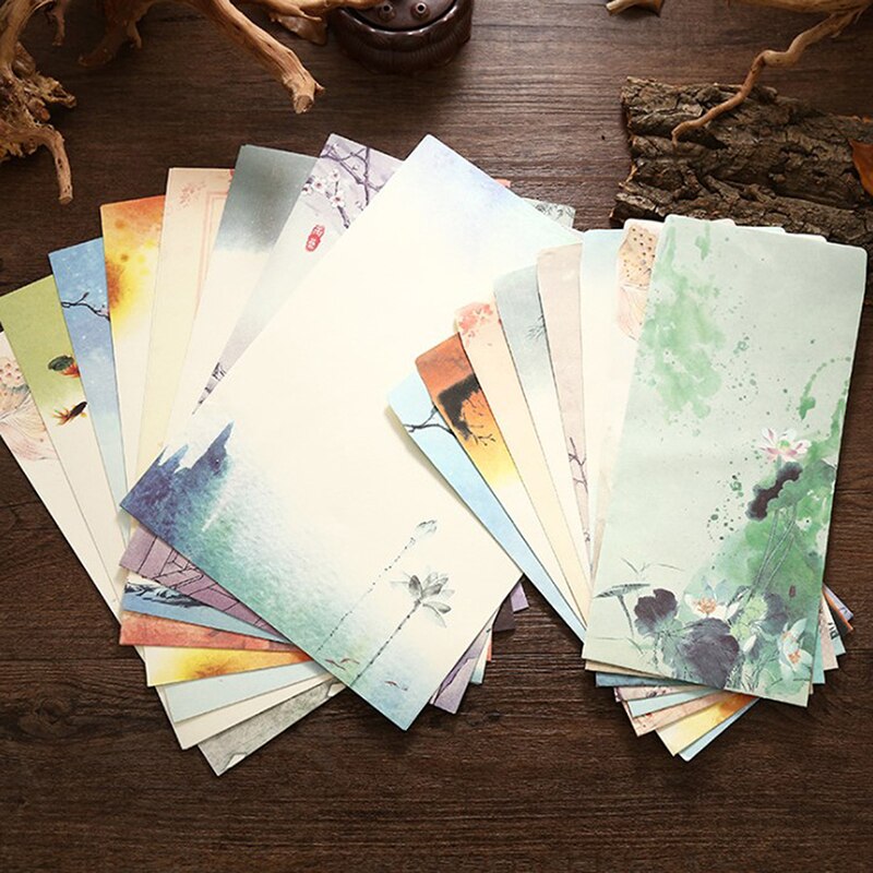 6 Stks/set Vintage Brief Papier En Envelop Set Chinese Schilderkunst Lotus Bloemen Craft Letters Papier Kantoorbenodigdheden
