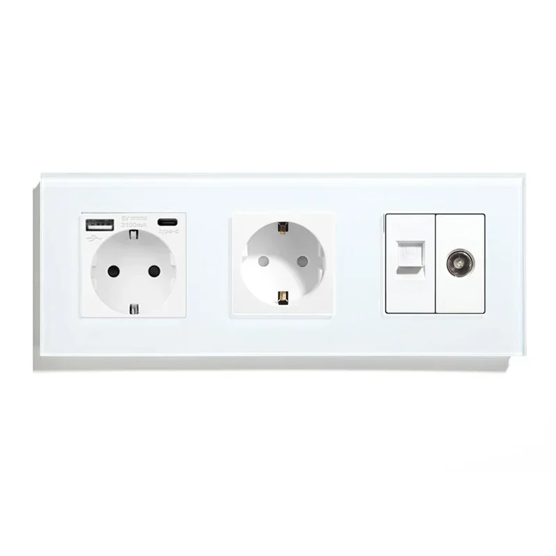 Vägguttag med usb typ c-brytare och uttag med tv-internet cat 6 -gränssnitt eu-standard vit kristallglasströmbrytare: Vinröd