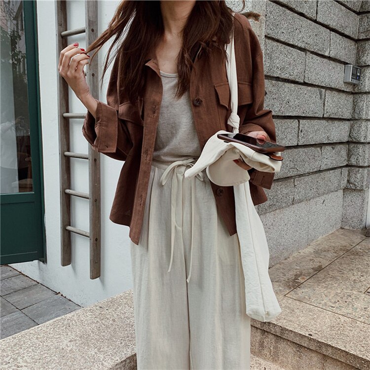 Summer Fall Women Jacket Casual Pockets Cargo Oversize Cotton and Linen Wild Outerwear Split Buttons Short Tops JK8571