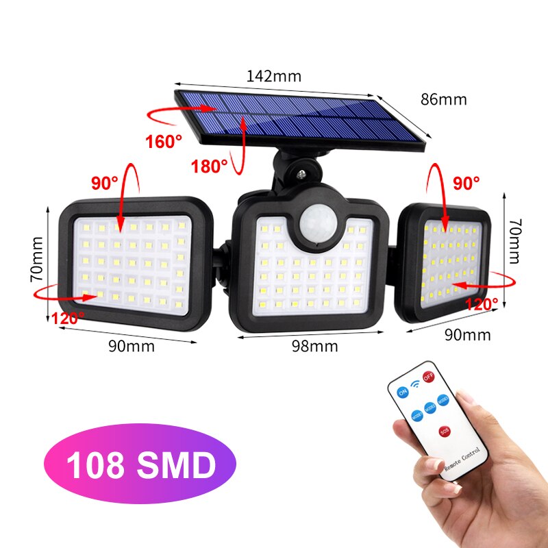 Solar LED Light Outdoor 108 LED 3 Head Motion Sensor Remote Control Lamp 270 Wide Angle Illumination Wall lamp Flood Lights: Integrated-108 SMD