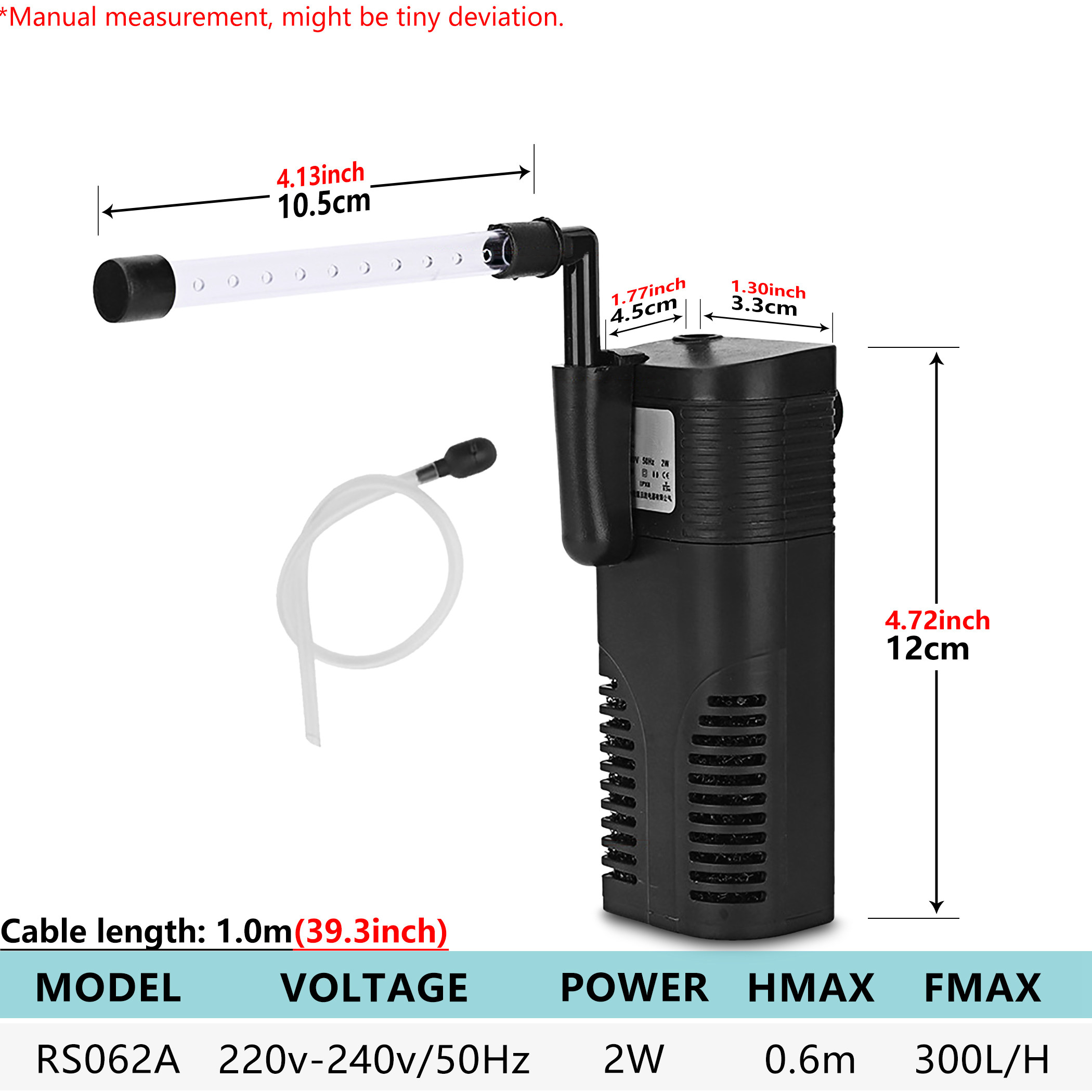 Aquarium Submersible Fish Tank 220V Water Pump &amp; Filtration with Oxygen Tube, Shower Bar and Suction Cup for Pond &amp; Hydroponics: RS062A 79GPH 300LPH / AU Plug