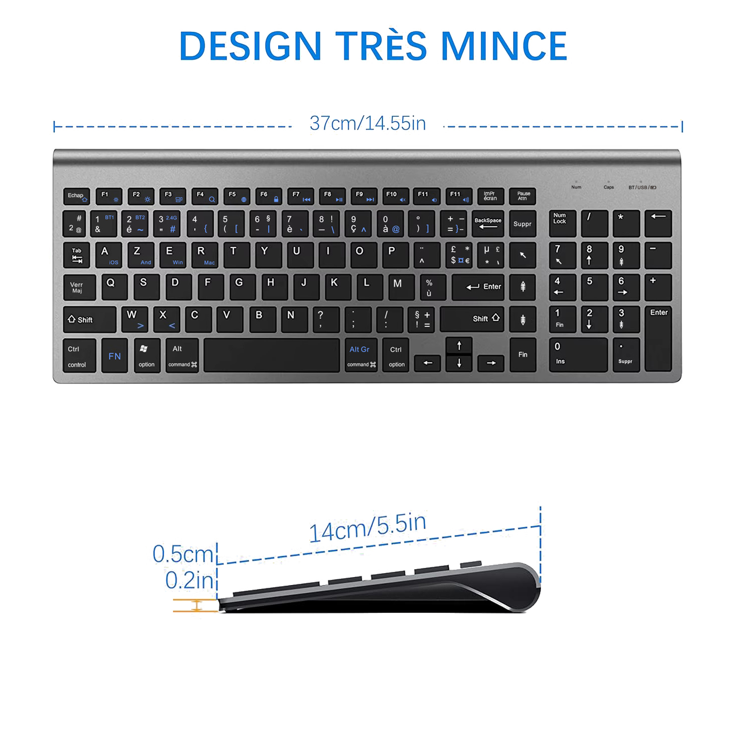 French Wireless AZERTY Layout Keyboard Ultra Slim Dual Mode Three Channel Bluetooth Keyboard for PC Windows IOS Mac Android