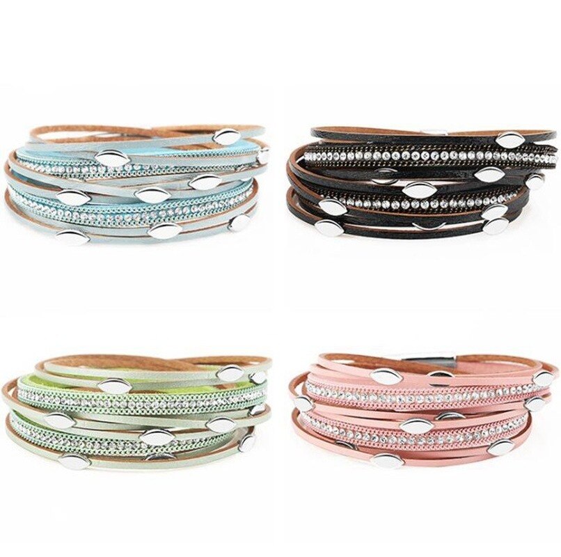 Multilayer Leather Leaf Bracelet Shiny Rhinestone Inlaid Women Charm Prom Jewelry