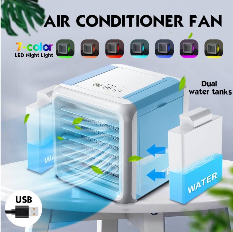 Mini Draagbare Airconditioner 7 Kleuren Licht Airconditioning Luchtbevochtiger Luchtreiniger Usb Luchtkoeler Ventilator Met 2 Water Tanks Voor thuis