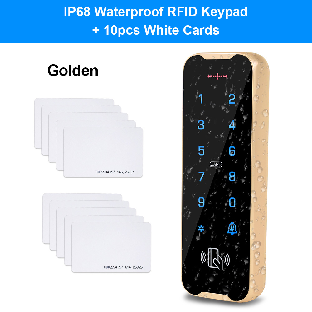Outdoor Waterproof Access Control Keypad RFID Keyboard System 125KHz Card Reader Metal Touch Controller Wiegand26/34 Doorbell: Golden with cards